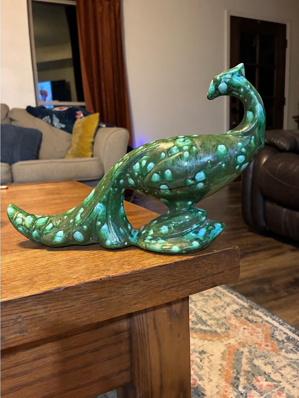 Vintage Green Ceramic Peacock Pair with Turquoise Speckle - Picture 2 of 9